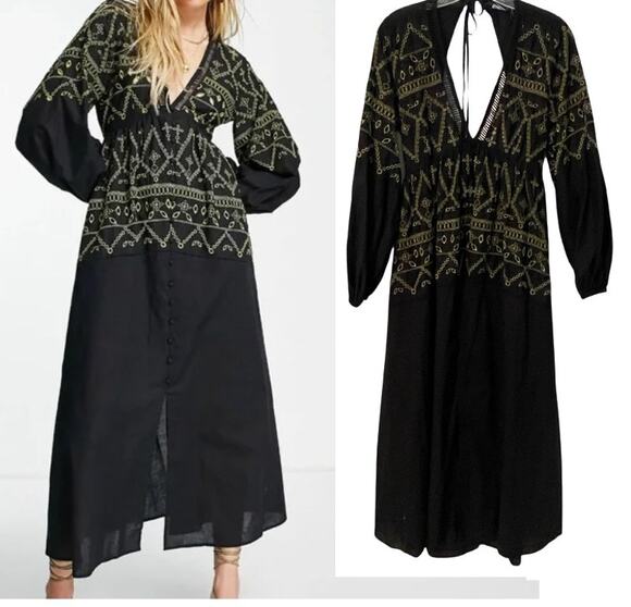 ASOS Dresses & Skirts - ASOS Design Embroidered Button Midaxi Dress Womens Size 8 Black Green Open Back